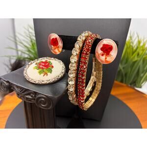 Vintage Rhinestone Bracelet Jewelry Set Red Crystal-lucite Rose Earrings, Brooch